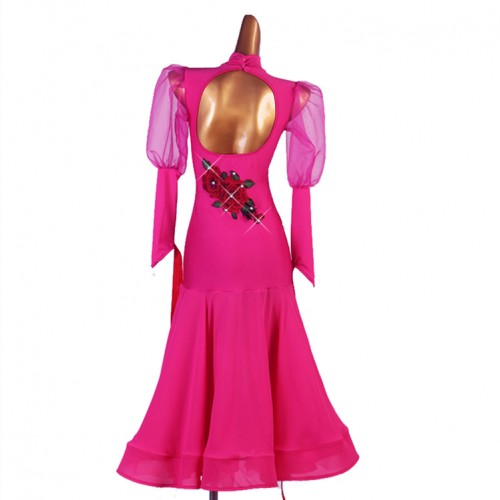 Fuchsia hot pink with rose flowers competition ballroom dance dress with gemstones for women girls sexy waltz tango foxtrot smooth dance long dress